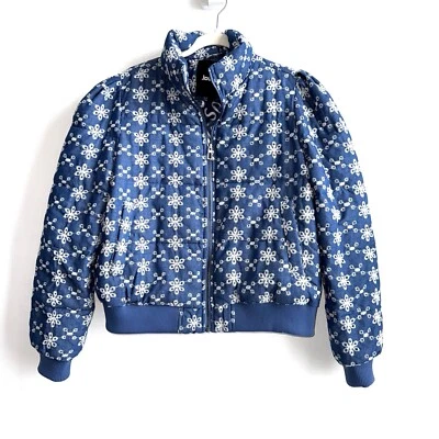 Desigual 蕾丝绗缝 Puffer 夹克女式大号蓝色拉链孔眼 — 第 1/4 张图片