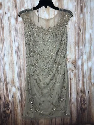 NEW Pisarro Nights Women's Nude Beaded Short Illusion Neck Dress size 2 - Imagem 1 de 4