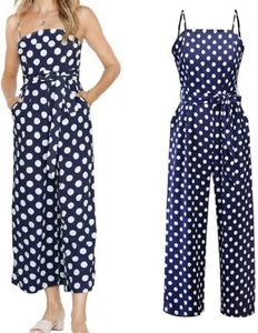 Women's Summer Spaghetti Straps Sash Polka Dot Wide Leg Palazzo Pants Jumpsuit - Picture 1 of 17