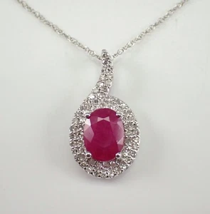 Diamond and Ruby Halo Pendant Necklace White Gold 18 inch Chain July Gemstone - Picture 1 of 5
