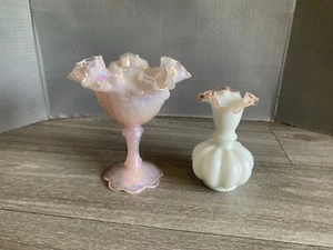 Lot 2 Fenton Iridescent Opal Cabbage Rose Ruffled Pedestal Candy Dish/Vase VTG - Picture 1 of 8