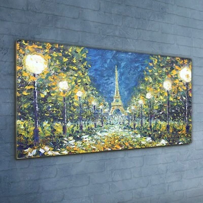 Plexiglas Acrylglasbild Wandbild 120x60 Ölgemälde Park Bäume Eiffelturm Nacht - Bild 1 von 4