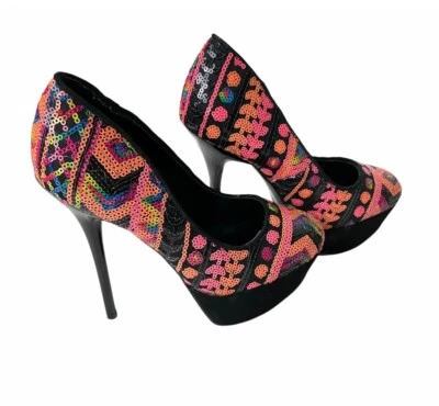 Qupid NWOB Sequin Geometric Platform Stiletto Heels Size 7.5 Pink Orange Black - Image 1 of 4