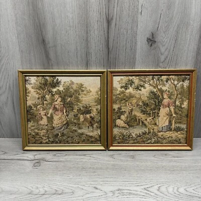 "Tela de tapiz vintage victoriana para pareja de granja Austria país madera enmarcada 11x11""" Foto 1 de 4