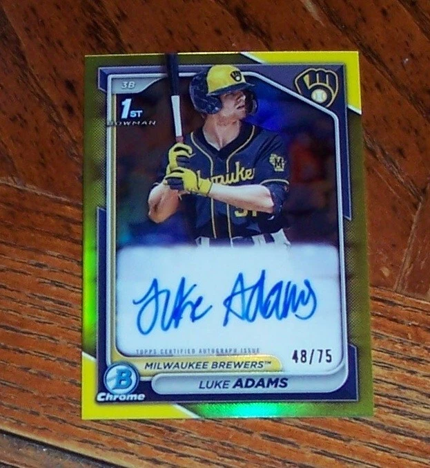 2024 Bowman Chrome Yellow Refractor 1st Autograph Luke Adams Auto 48/75 Brewers