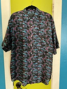 Vintage 90s Santana Silk All Over Print Neon Zebra Retro Button Up Shirt Sz. Lg - Picture 1 of 18