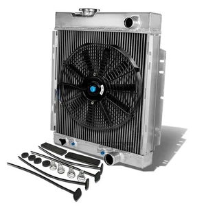 64 FORD PONY MUSTANG MT 3/THREE ROW/CORE ALUMINUM CHROME RADIATOR+14" BLACK FAN - Picture 1 of 6