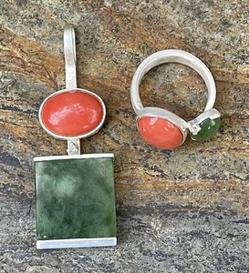 Silber Schmuckset Koralle Jade Diamant Handarbeit RG 56 (AT 670) - Bild 1 von 6