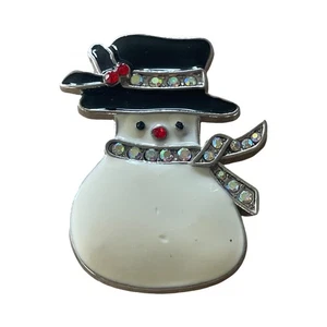 Vintage CTC Signed Enamel and Rhinestone Snowman Silver Metal Pin Brooch - Picture 1 of 3