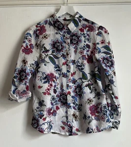 Pretty Long Sleeved White Cotton Flowery Shirt by M & Co Size 10 - Picture 1 of 2