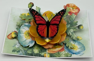 Butterfly Peony 3D Pop Up Card Flower Garden Monarch Butterflies - Image 1 of 3