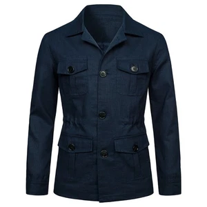 Chaqueta de safari de lino para hombre bolsillos calce ajustado abrigo de caza informal Prendas para el torso británico - Imagen 1 de 22