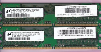 1GB 2x512MB PC2-4200 DDR2-533 MICRON MT8HTF6464AY IBM 42V3956 77P5879 MEMORY KIT - Image 1 of 2