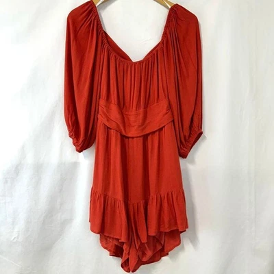 LULU'S NWT Orange Off The Shoulder Romper Ruffles Bow Womens M Bohemian Western - Image 1 of 4