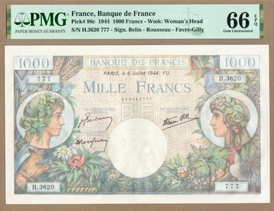 FRANCE: 1000 Francs Banknote, (UNC PMG66), P-96c, 06.07.1944, No Reserve! - Image 1 of 2