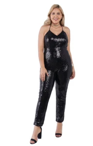 NWT Plus Size Black Sequin Open Back Jumpsuit Adjustable Straps - Picture 1 of 8