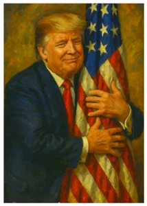 DONALD TRUMP HUGS FLAG - Oil Painting Style * Custom ACEO * Novelty * Art Card - Picture 1 of 2