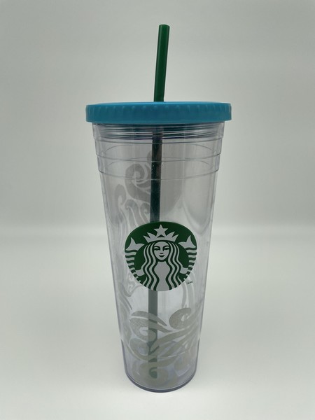 STARBUCKS ZEBRA VENTI 24 oz COLD CUP CLEAR YELLOW GRAY BLACK W STRAW Photo Related