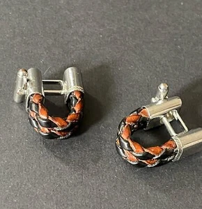 TATEOSSIAN Pair Leather Braid Wrap Wrap Around Cufflinks Scoubidou Brown Black - Picture 1 of 4