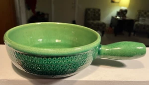 LANDERT 22 Pottery FONDUE POT Handled SERVING DISH Swiss GREEN Vintage MCM Bowl - Picture 1 of 11