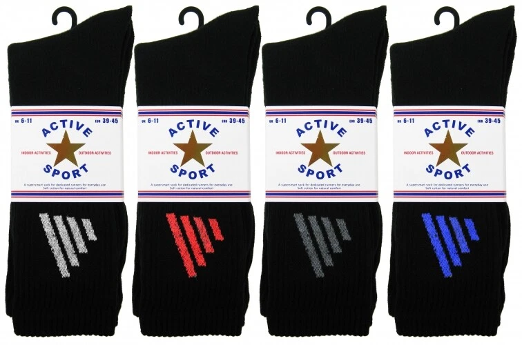Men's Premier Quality Active 4 Stripe Cotton Rich Black Sport 3 Pairs Gym Socks - Image 1 of 1