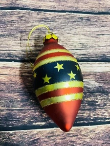 Vtg Christmas Tree Ornament Teardrop Stars Stripes Patriotic USA 5 1/2" Glass - Picture 1 of 5