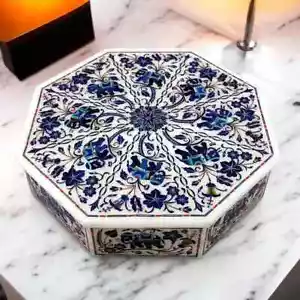 Joyero de mármol blanco - Arte con incrustación de elefante de piedra lapislázuli | Regalo de lujo hecho a mano - Imagen 1 de 7