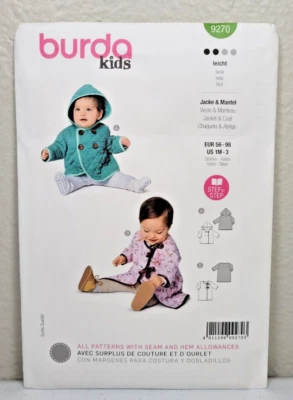 Burda Kids Pattern 9270 Babies/Toddlers Jackets Hoodie Coat Size 1M - 3 Years - Image 1 of 3