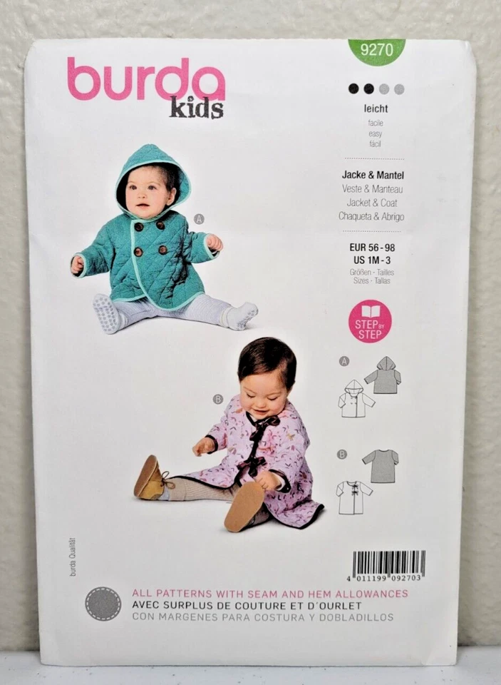 Burda Kids Pattern 9270 Babies/Toddlers Jackets Hoodie Coat Size 1M - 3 Years - Image 1 of 3