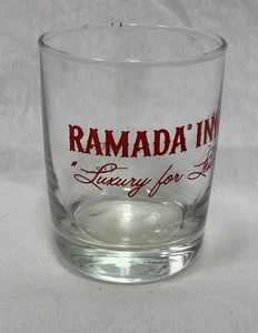 Vintage RAMADA INN  Motel Drinking Glass "Luxury for Life" Red Print Measuring - Picture 1 of 3