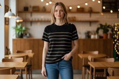 Ellen Tracy 黑色骆驼条纹针织上衣 XL 短袖水钻纽扣  — 第 1/4 张图片