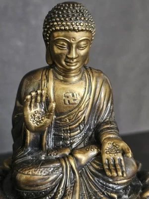 Vintage Taiwanese Bronze Buddha Statue Seated On Wooden Plinth 13cm High - Image 1 of 4