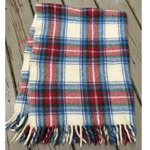 Vintage Wolle Tartan Plaid Überwurf Stadiondecke blau rot weiß 32x38" Fransen - Bild 1 von 11
