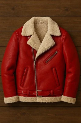 Men’s Red Shearling Aviator Jacket Leather Winter Coat Faux Fur Lined - Image 1 of 3