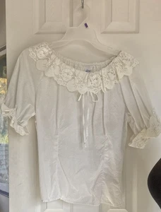 1960 s Girls Blouse "HELENE" Peasant Style Swiss Polka Dot Lace Puff Sleeves L - Picture 1 of 12