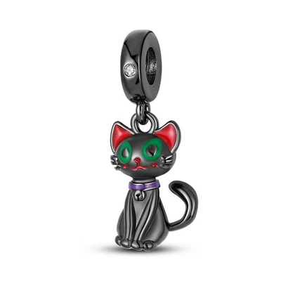 MULA Original Schwarze Katze Dangle DIY Charm CZ Für Frauen Armband 925 Silber - Bild 1 von 4