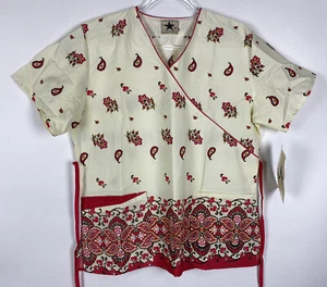 Black Star Scrub Top Women's Size M Cream Red Paisley Mock Wrap Ties 3PKT NWT - Picture 1 of 8