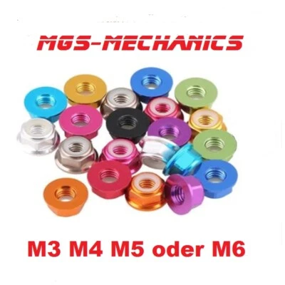 5 Stück Selbstsichernde Muttern M2 M3 M4 M5 oder M6 mit Flansch Alu farbig  - Bild 1 von 3