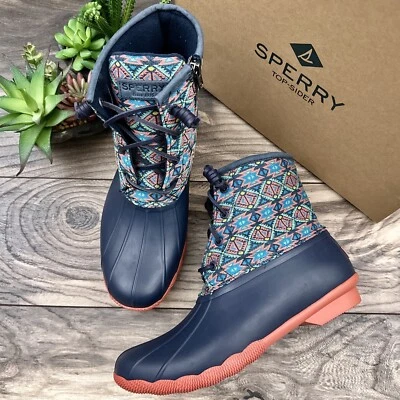 NUEVO EN CAJA Botas de Lluvia Sperry Agua Salada Serape Textil Geométricas Azul Marino Impermeables Pato 8M Foto 1 de 4