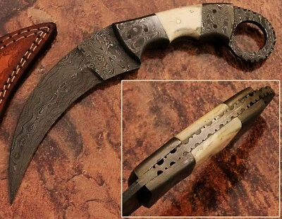 hermoso mango de carambito de caza damasco hecho a mano hecho de camello y damasco  Foto 1 de 4