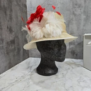 Cappello da sposa classico da mulino occasione panna piume paglia - con scatola - Foto 1 di 16