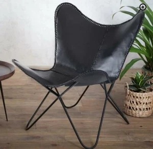 Handmade Black Buffalo Leather Butterfly Chair Lounge Relax Arm Chair Home Décor - Picture 1 of 8