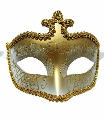 White Gold Glitter Venetian Masquerade Costume Mask Halloween New Years Party - Image 1 of 2