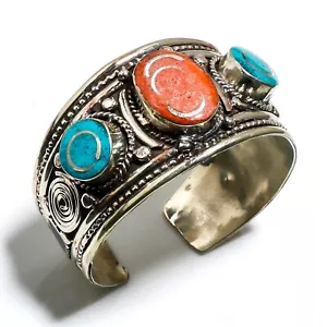 Turquoise, Italian Coral Gemstone 925 Sterling Silver Cuff Bracelet Jewelry Adj - Picture 1 of 3