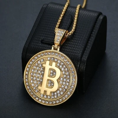 Collar de cadena de acero inoxidable colgante Bitcoin helado hip hop plata/oro Foto 1 de 4