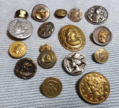 Lot of 17 Vintage Antique Metal Picture Buttons Cameos Lady Heads - Image 1 of 4