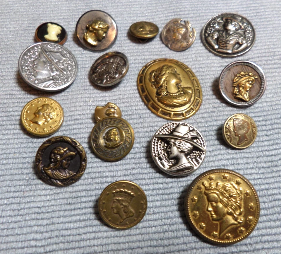 Lot of 17 Vintage Antique Metal Picture Buttons Cameos Lady Heads - Image 1 of 4
