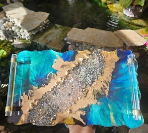 HANDMADE 14x8  Decorative Resin tray Elegant Tray W/ Gold crystal Handles Geode - Picture 1 of 19