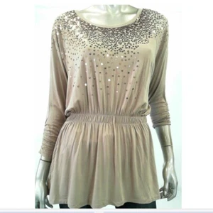 Grace Elements Women Blouse Blouson Top XS Tan Sequin Pullover Solid - Picture 1 of 2