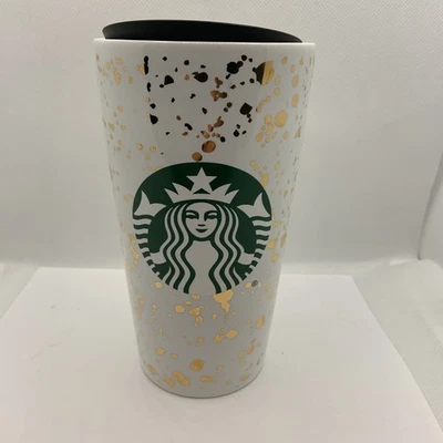NUEVO vaso de café de viaje Starbucks blanco y dorado confeti brillo cerámica Foto 1 de 4